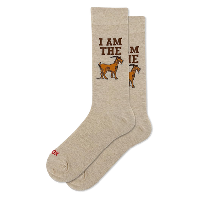 Light beige crew socks with "I AM THE GOAT" text. Each sock shows part of the phrase and a brown goat graphic.