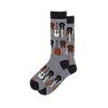 Heather grey crew socks featuring solid black accents and a repeating pattern of acoustic guitars in mixed neutral tones.