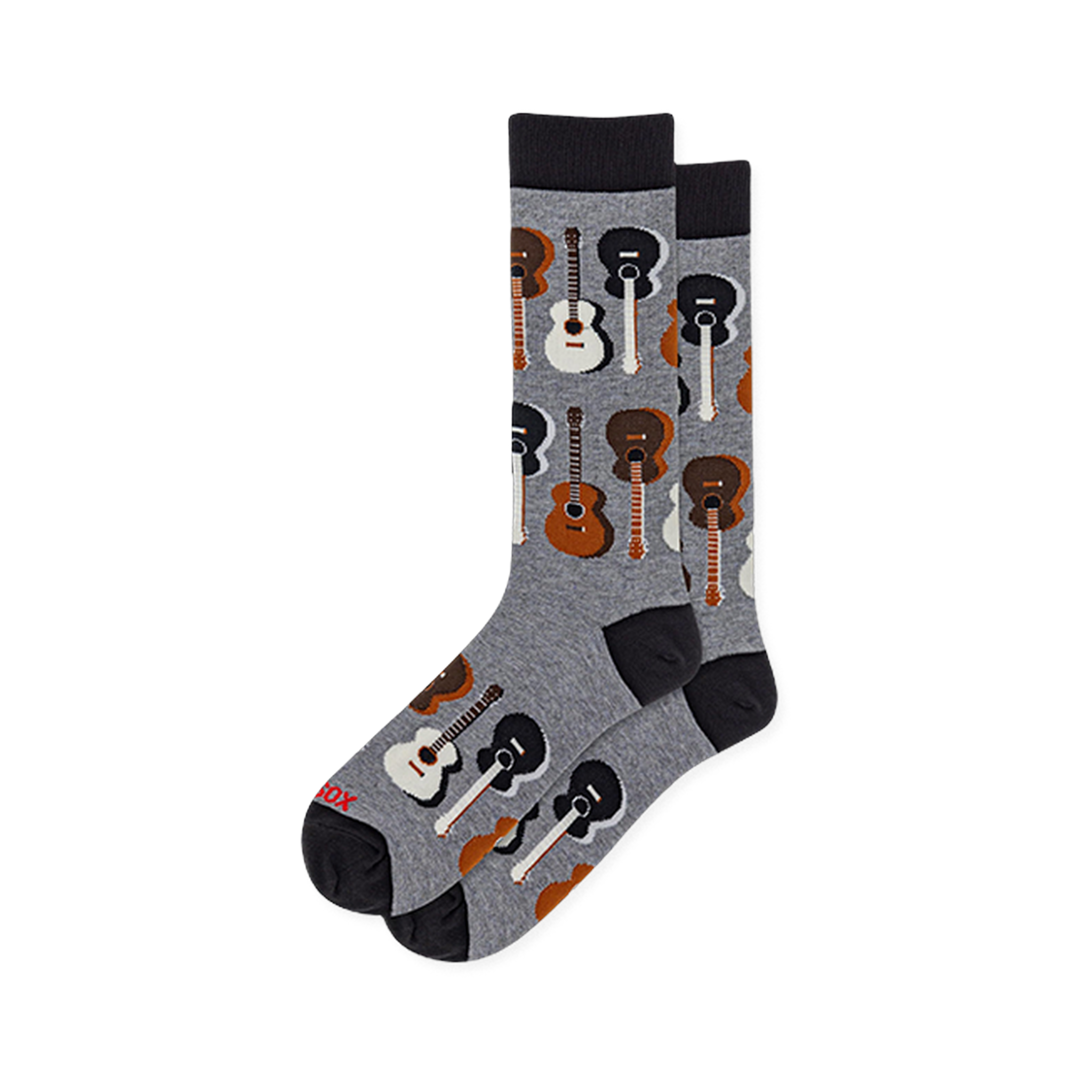 Heather grey crew socks featuring solid black accents and a repeating pattern of acoustic guitars in mixed neutral tones.