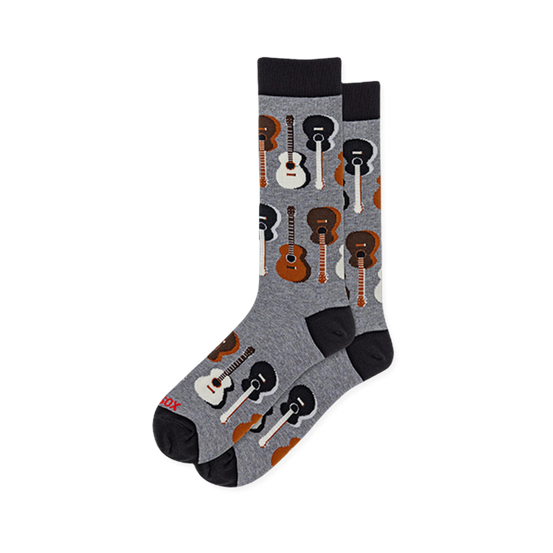 Heather grey crew socks featuring solid black accents and a repeating pattern of acoustic guitars in mixed neutral tones.