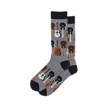 Heather grey crew socks featuring solid black accents and a repeating pattern of acoustic guitars in mixed neutral tones.