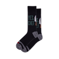 Pair of black crew socks featuring "YES, CHEF" in green text and silver chef knives. Grey heel, toe, and arch details.
