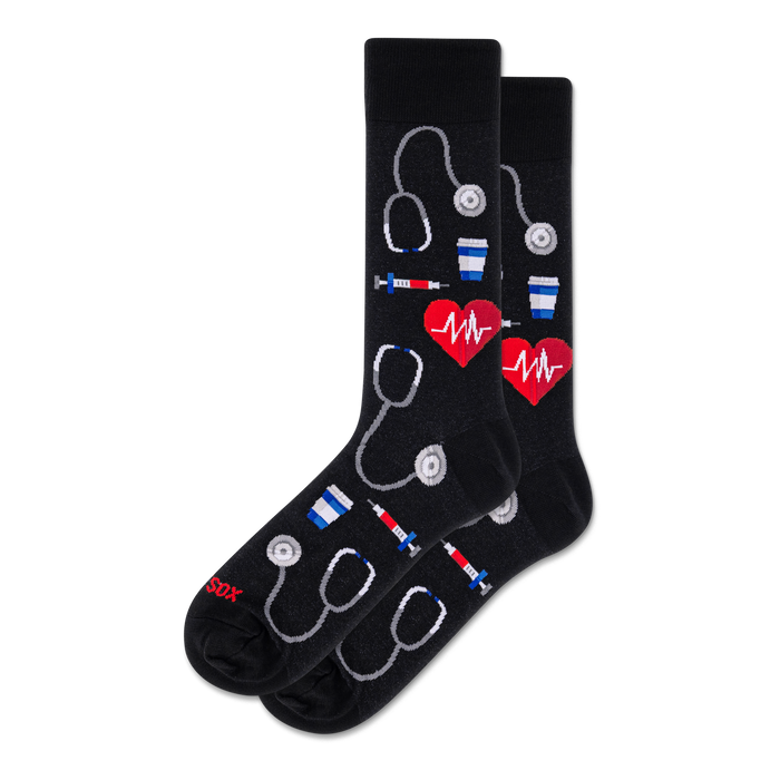 A pair of black crew socks with a repeating pattern of white and grey stethoscopes, red hearts with ECG lines, syringes, and striped coffee cups. }}