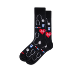 Black crew socks with a medical pattern of grey stethoscopes, red EKG hearts, colorful syringes, and blue and white cups.