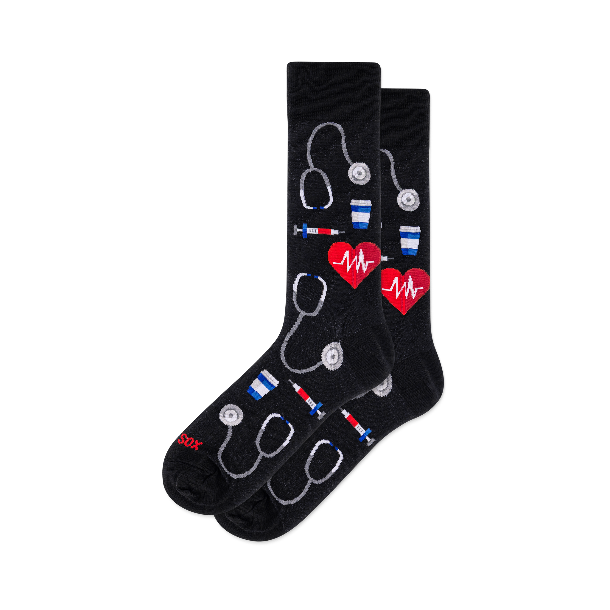 Black crew socks with a medical pattern of grey stethoscopes, red EKG hearts, colorful syringes, and blue and white cups.
