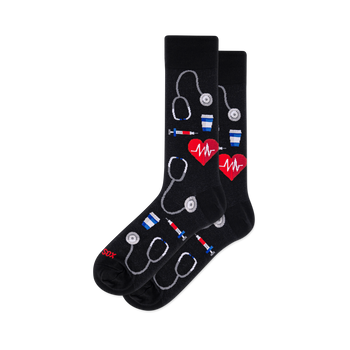 Black crew socks with a medical pattern of grey stethoscopes, red EKG hearts, colorful syringes, and blue and white cups.