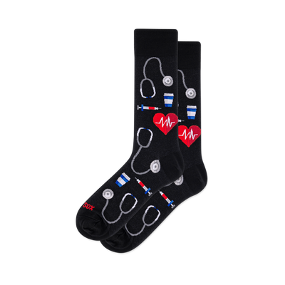 Black crew socks with a medical pattern of grey stethoscopes, red EKG hearts, colorful syringes, and blue and white cups.