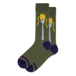 Pair of crew socks in olive green with a silver fork wrapped in yellow spaghetti; navy blue heels and toes.