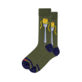Pair of crew socks in olive green with a silver fork wrapped in yellow spaghetti; navy blue heels and toes.