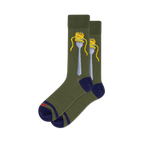 Pair of crew socks in olive green with a silver fork wrapped in yellow spaghetti; navy blue heels and toes.