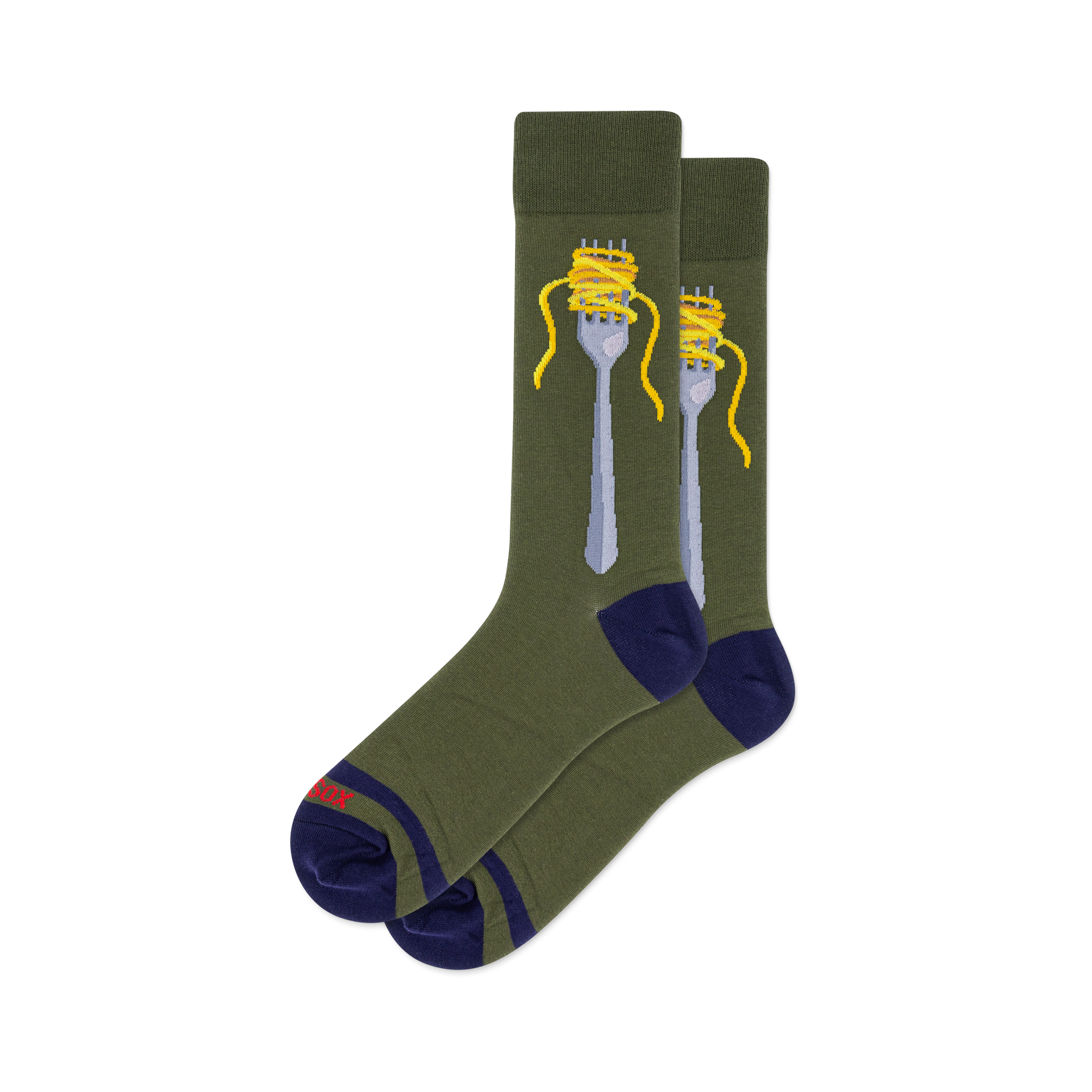 Pair of crew socks in olive green with a silver fork wrapped in yellow spaghetti; navy blue heels and toes.