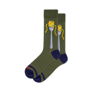 Pair of crew socks in olive green with a silver fork wrapped in yellow spaghetti; navy blue heels and toes.