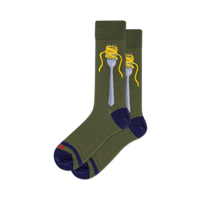 Pair of crew socks in olive green with a silver fork wrapped in yellow spaghetti; navy blue heels and toes.