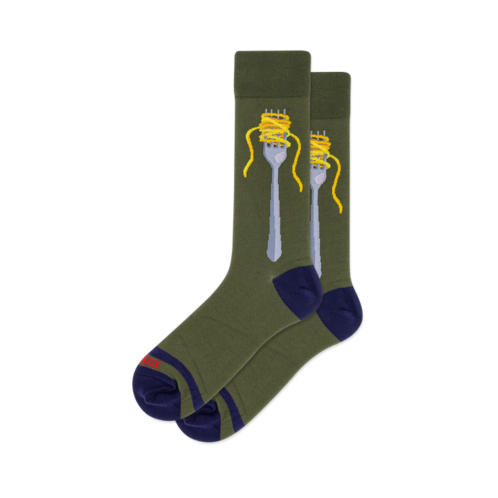 Pair of crew socks in olive green with a silver fork wrapped in yellow spaghetti; navy blue heels and toes.