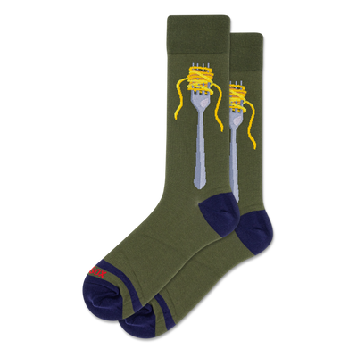 Pair of crew socks in olive green with a silver fork wrapped in yellow spaghetti; navy blue heels and toes.