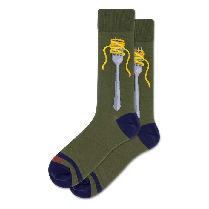 Pair of crew socks in olive green with a silver fork wrapped in yellow spaghetti; navy blue heels and toes.