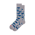 Pair of grey crew socks with an all-over pattern of blue sardines and small green leaves, displayed on a white background.