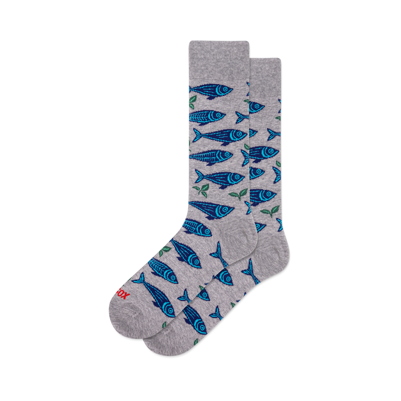 Pair of grey crew socks with an all-over pattern of blue sardines and small green leaves, displayed on a white background.