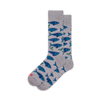 Pair of grey crew socks with an all-over pattern of blue sardines and small green leaves, displayed on a white background.