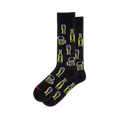 Black crew socks with a repeating pattern of white-outlined neon-style beer bottles, frothy mugs, and tall glasses in yellow and green.