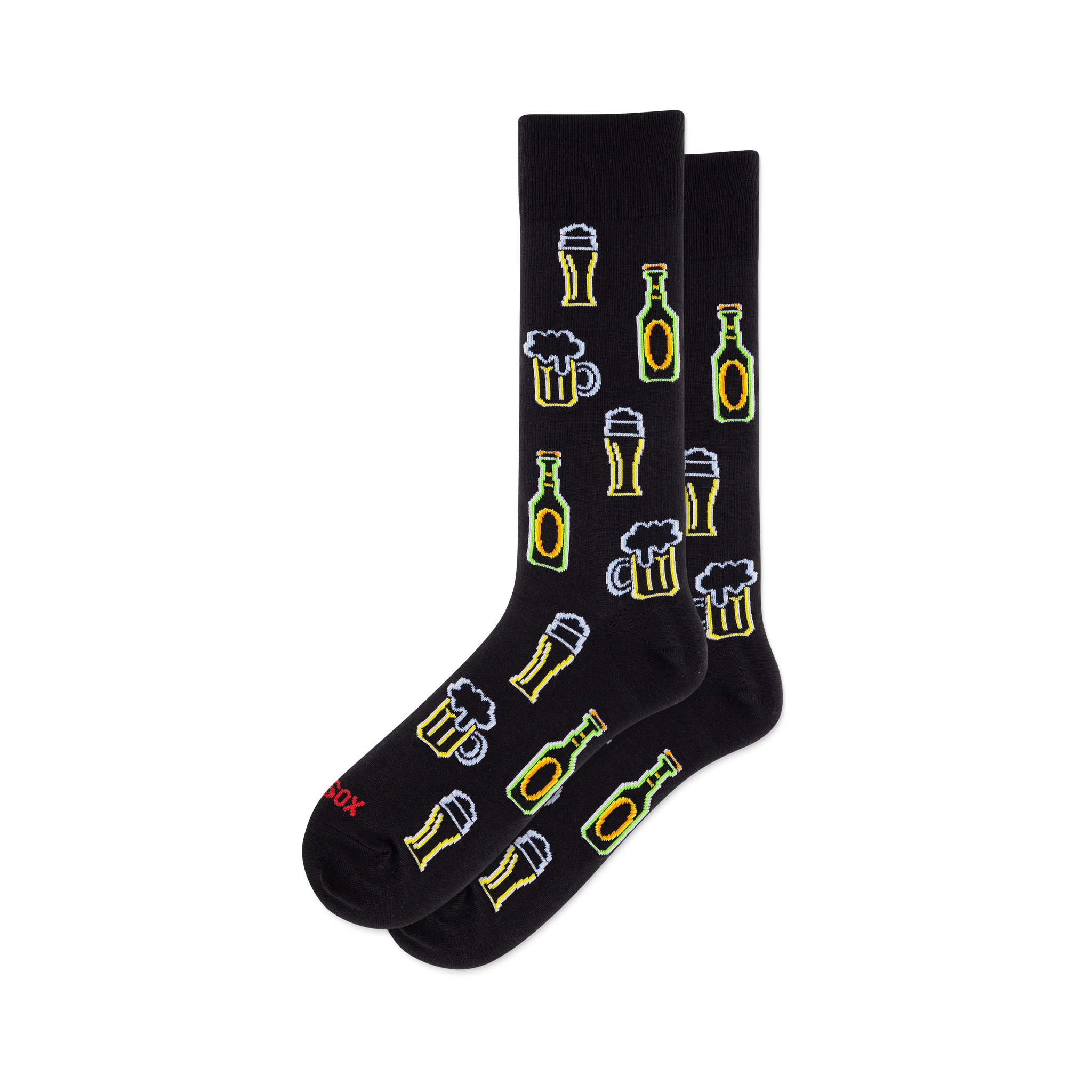 Black crew socks with a repeating pattern of white-outlined neon-style beer bottles, frothy mugs, and tall glasses in yellow and green.