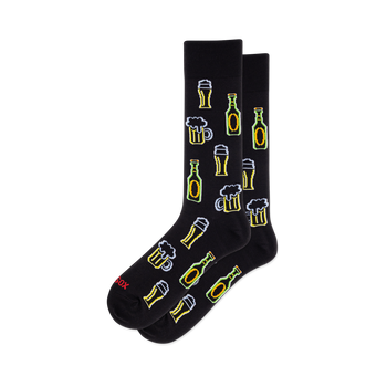 Black crew socks with a repeating pattern of white-outlined neon-style beer bottles, frothy mugs, and tall glasses in yellow and green.