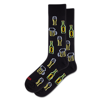 Black crew socks with a repeating pattern of white-outlined neon-style beer bottles, frothy mugs, and tall glasses in yellow and green.