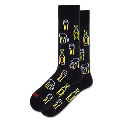 Black crew socks with a repeating pattern of white-outlined neon-style beer bottles, frothy mugs, and tall glasses in yellow and green.