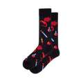 Pair of black crew socks with a pixelated pattern featuring red dragons, blue swords, red potions, red dice, and yellow lightning bolts.