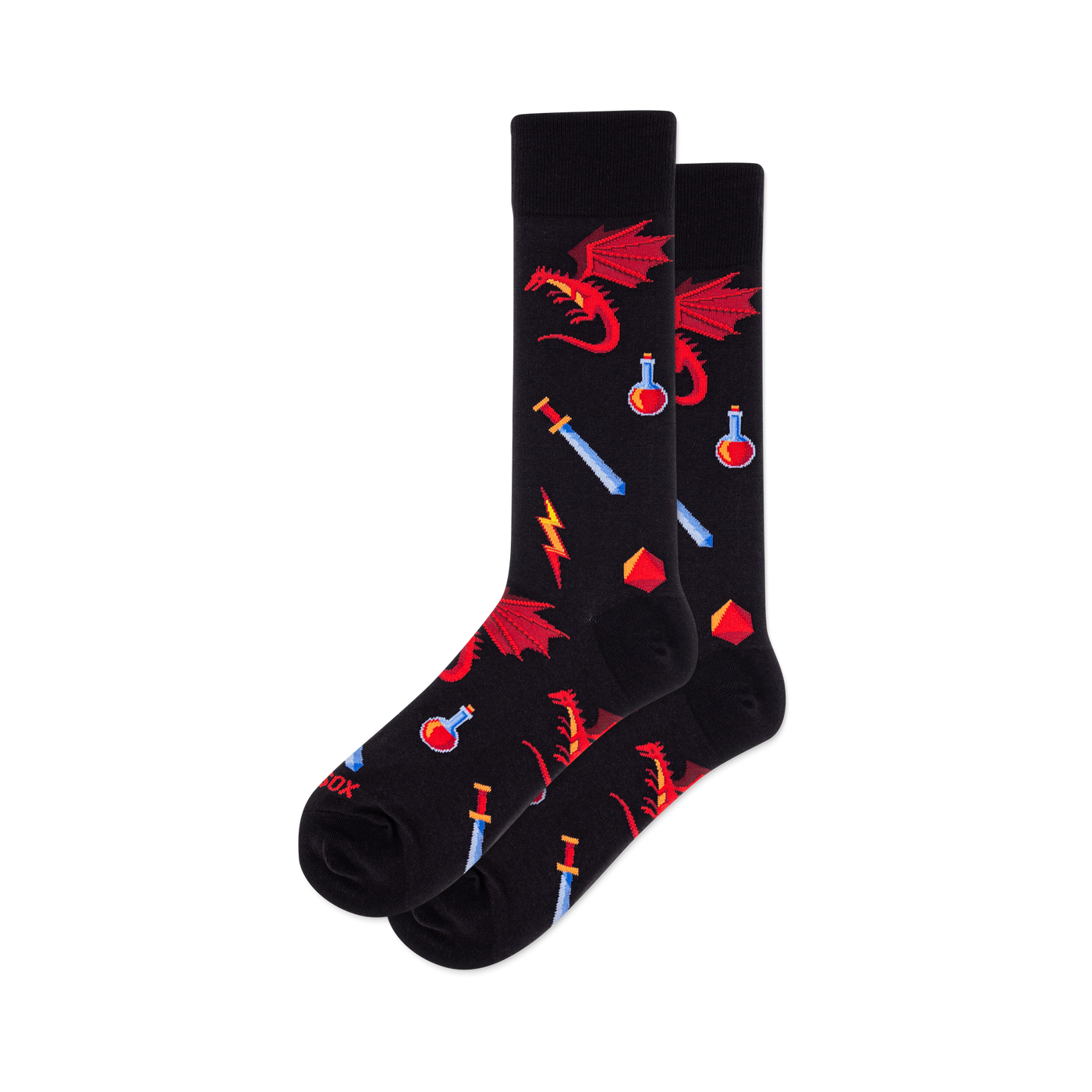 Pair of black crew socks with a pixelated pattern featuring red dragons, blue swords, red potions, red dice, and yellow lightning bolts.