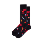 Pair of black crew socks with a pixelated pattern featuring red dragons, blue swords, red potions, red dice, and yellow lightning bolts.