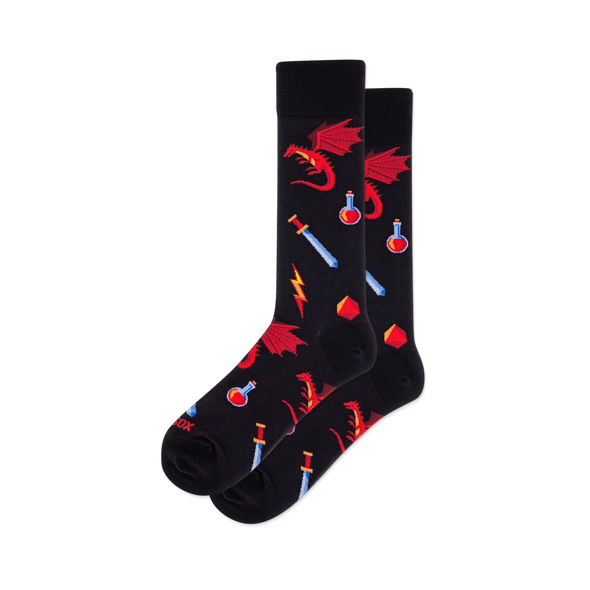 Pair of black crew socks with a pixelated pattern featuring red dragons, blue swords, red potions, red dice, and yellow lightning bolts.