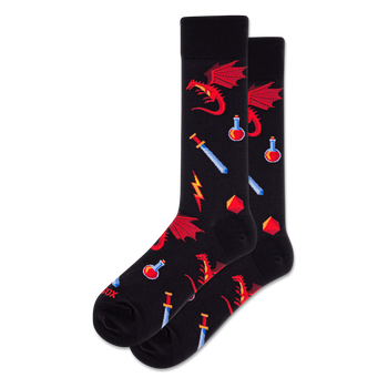 Pair of black crew socks with a pixelated pattern featuring red dragons, blue swords, red potions, red dice, and yellow lightning bolts.