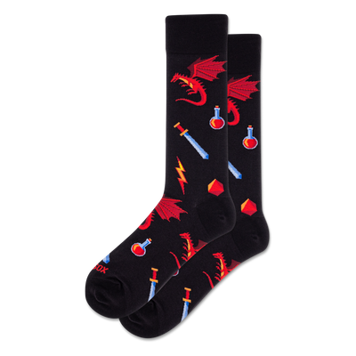 Pair of black crew socks with a pixelated pattern featuring red dragons, blue swords, red potions, red dice, and yellow lightning bolts.