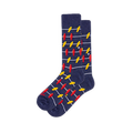 Dark blue crew socks covered in a pattern of red and yellow foosball players on horizontal grey bars with a white ball.