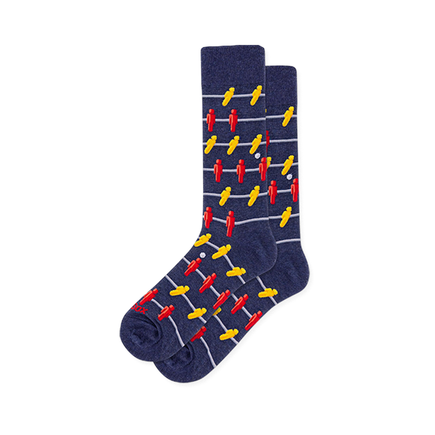 Dark blue crew socks covered in a pattern of red and yellow foosball players on horizontal grey bars with a white ball.