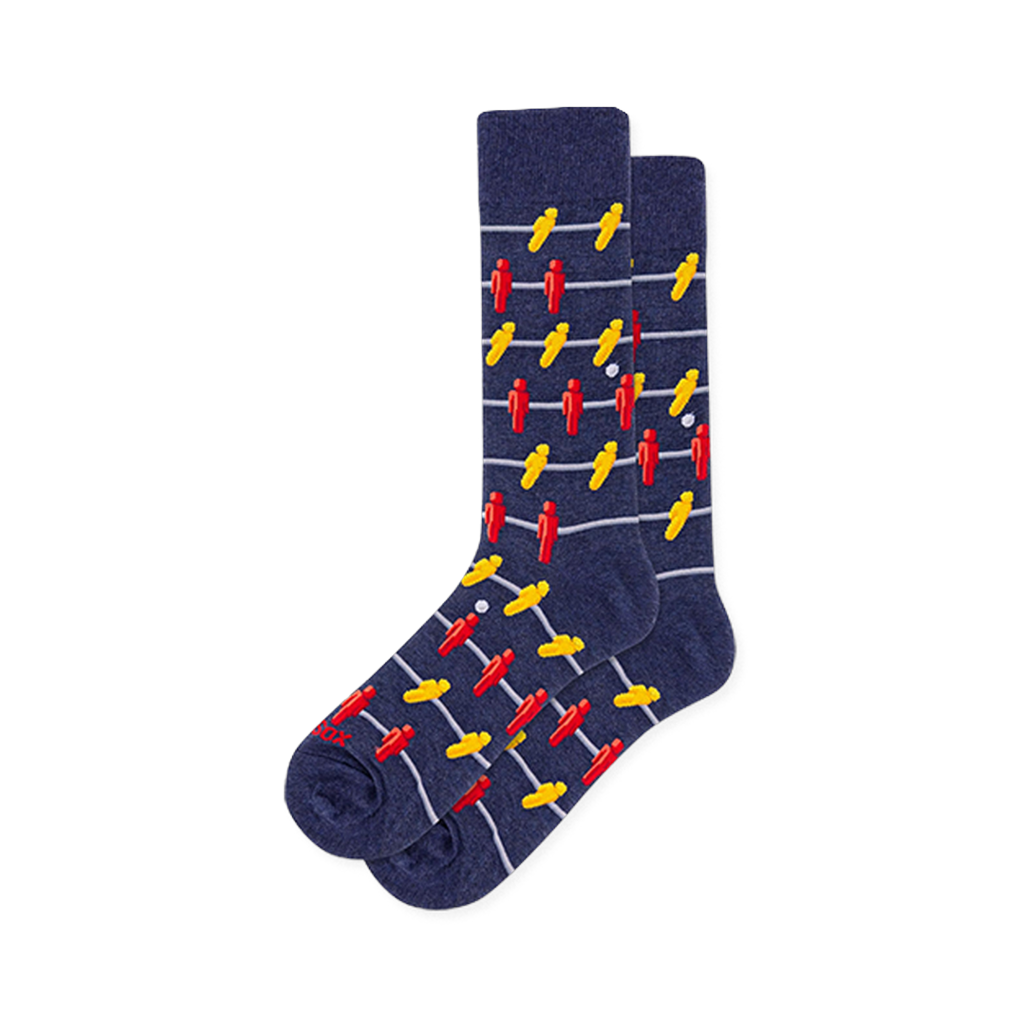 Dark blue crew socks covered in a pattern of red and yellow foosball players on horizontal grey bars with a white ball.