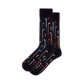 Pair of black crew socks with an all-over golf pattern. Features white, blue, brown golf clubs, white tees, and red/green/blue flags.