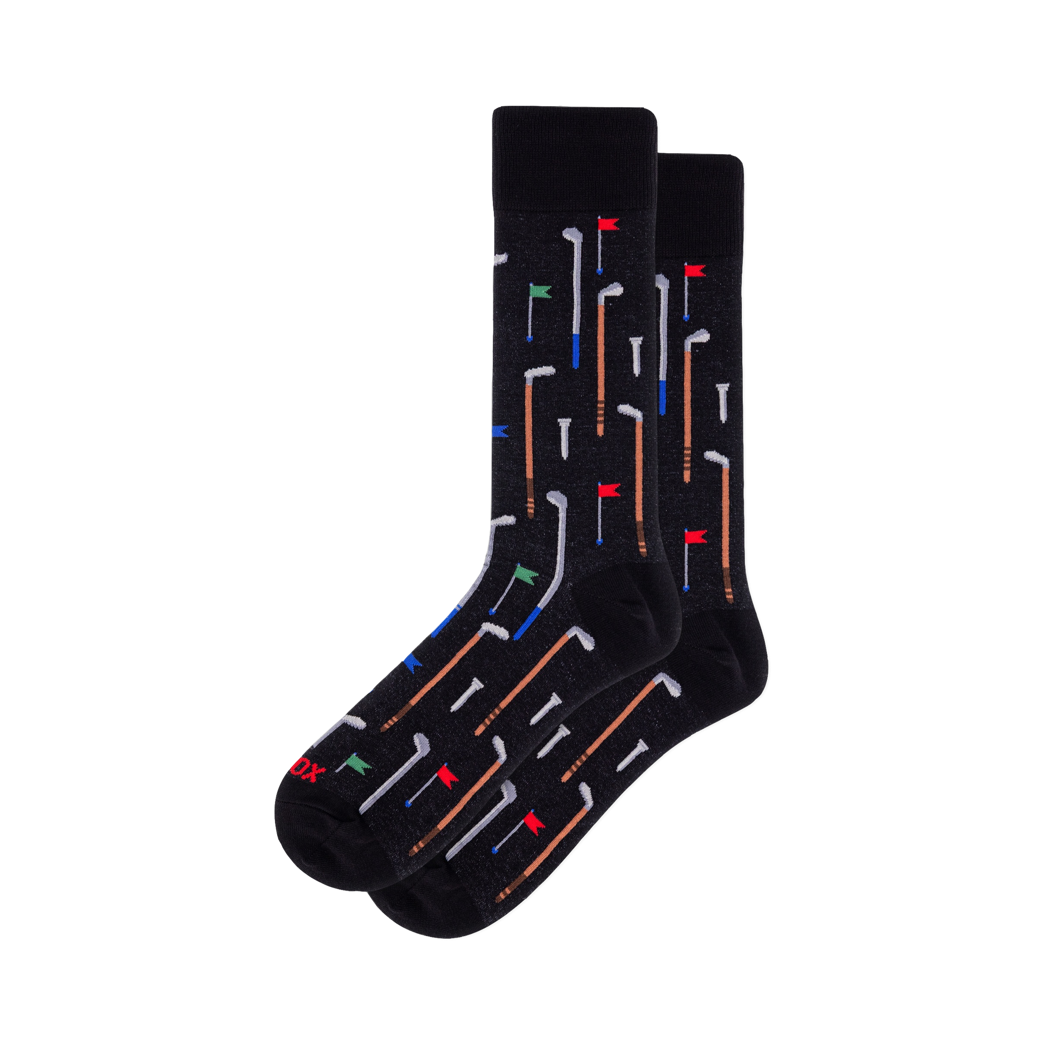 Pair of black crew socks with an all-over golf pattern. Features white, blue, brown golf clubs, white tees, and red/green/blue flags.