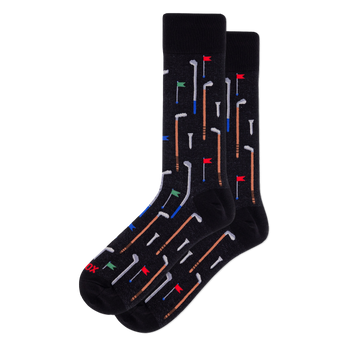 Pair of black crew socks with an all-over golf pattern. Features white, blue, brown golf clubs, white tees, and red/green/blue flags.
