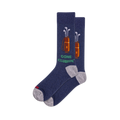 Two heather navy blue crew socks with grey heels/toes. Each features a brown golf bag with white clubs & green 'GONE CLUBBIN'' text.