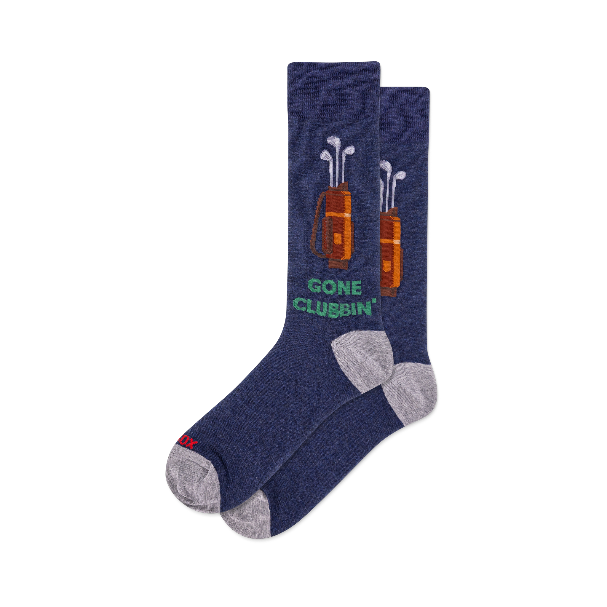 Two heather navy blue crew socks with grey heels/toes. Each features a brown golf bag with white clubs & green 'GONE CLUBBIN'' text.