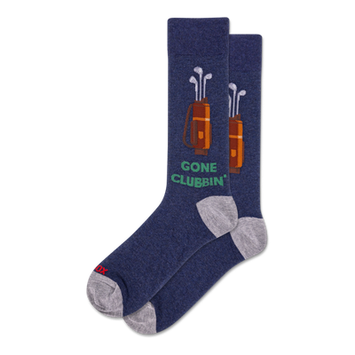 Two heather navy blue crew socks with grey heels/toes. Each features a brown golf bag with white clubs & green 'GONE CLUBBIN'' text.
