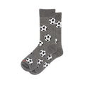 Heather grey crew socks covered in a scattered pattern of classic black and white soccer balls.
