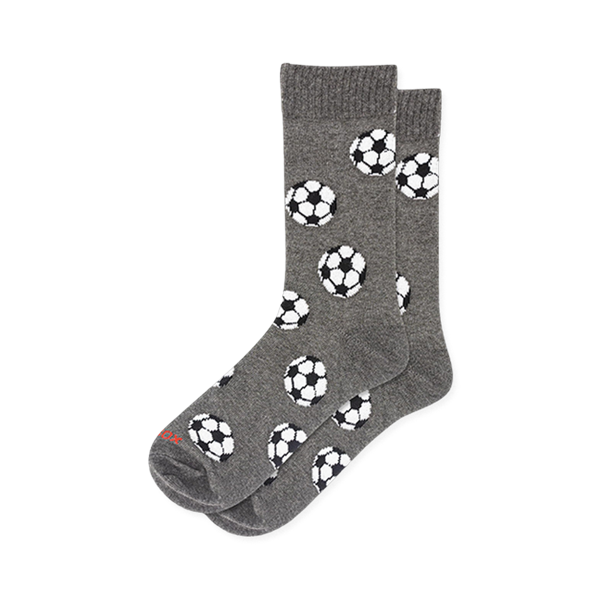 Heather grey crew socks covered in a scattered pattern of classic black and white soccer balls.