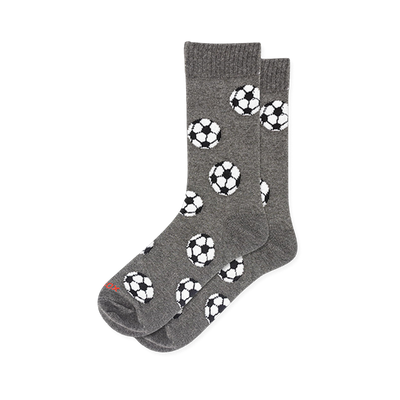 Heather grey crew socks covered in a scattered pattern of classic black and white soccer balls.