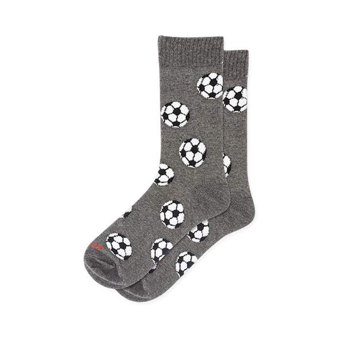 Heather grey crew socks covered in a scattered pattern of classic black and white soccer balls. }}