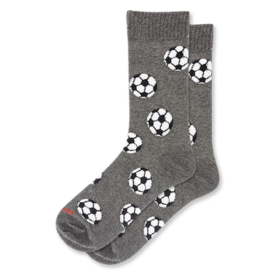 Heather grey crew socks covered in a scattered pattern of classic black and white soccer balls.