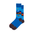 Pair of crew socks with a scenic blue mountain lake, orange tents, canoe, and sun pattern. Dark brown cuffs, heels, and toes.