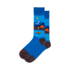 Pair of crew socks with a scenic blue mountain lake, orange tents, canoe, and sun pattern. Dark brown cuffs, heels, and toes.